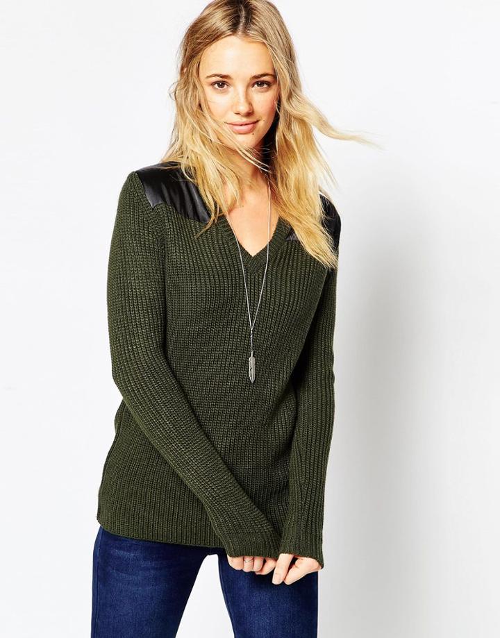 Asos Army Sweater In Rib With Satin Panels