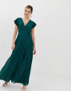 Asos Design Pleated Maxi Dress With Flutter Sleeve - Green