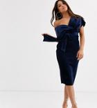 Asos Design Petite Velvet Fallen Shoulder Midi Pencil Dress With Tie Detail-navy