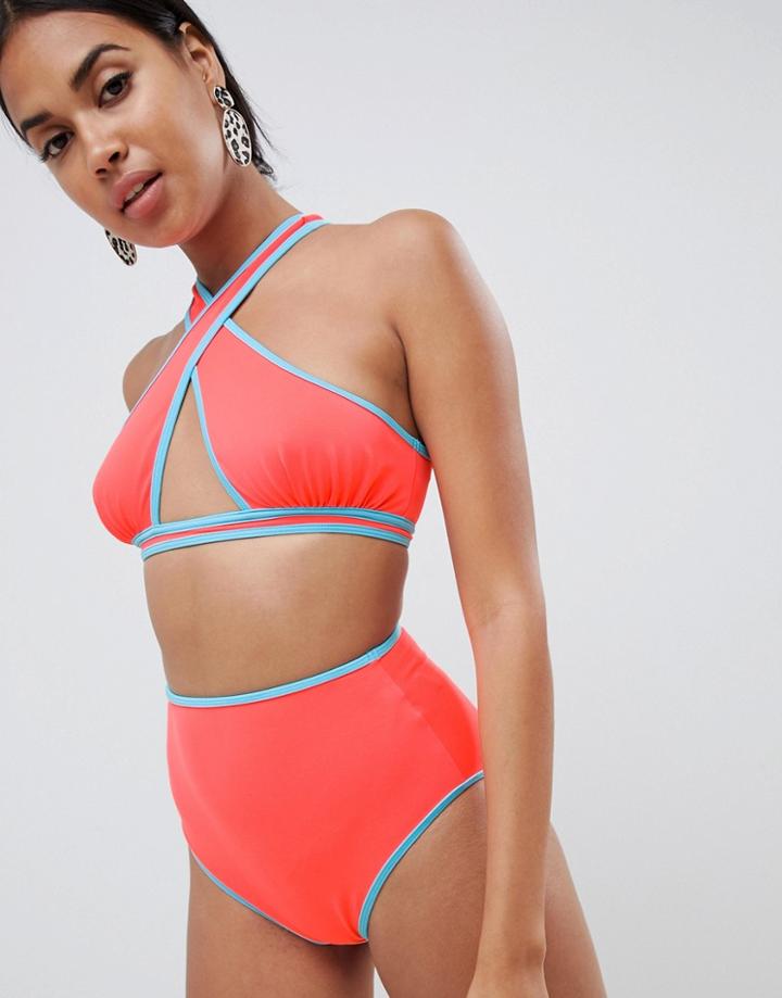 Asos Design Contrast Bind High Waist Bikini Bottom In Neon Orange - Orange