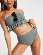 Asos Design Peplum Bandeau Bikini Top In Khaki Texture-green
