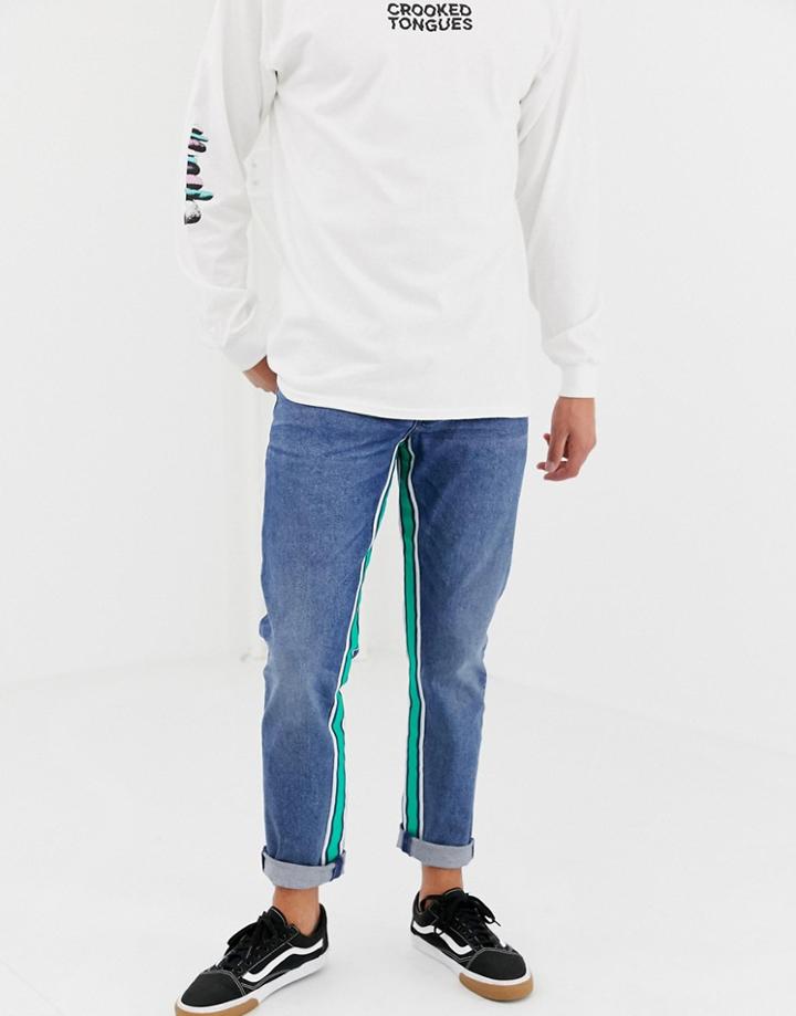 Asos Design Slim Jeans In Vintage Mid Wash Blue With Taped Inseam - Blue