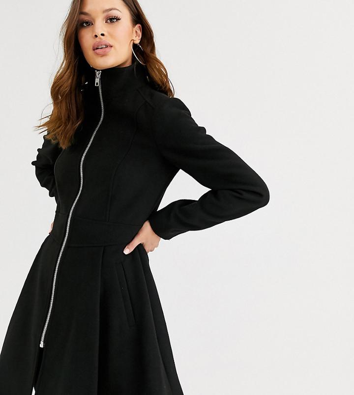 Asos Design Tall Swing Coat With Zip Front Detail In Black