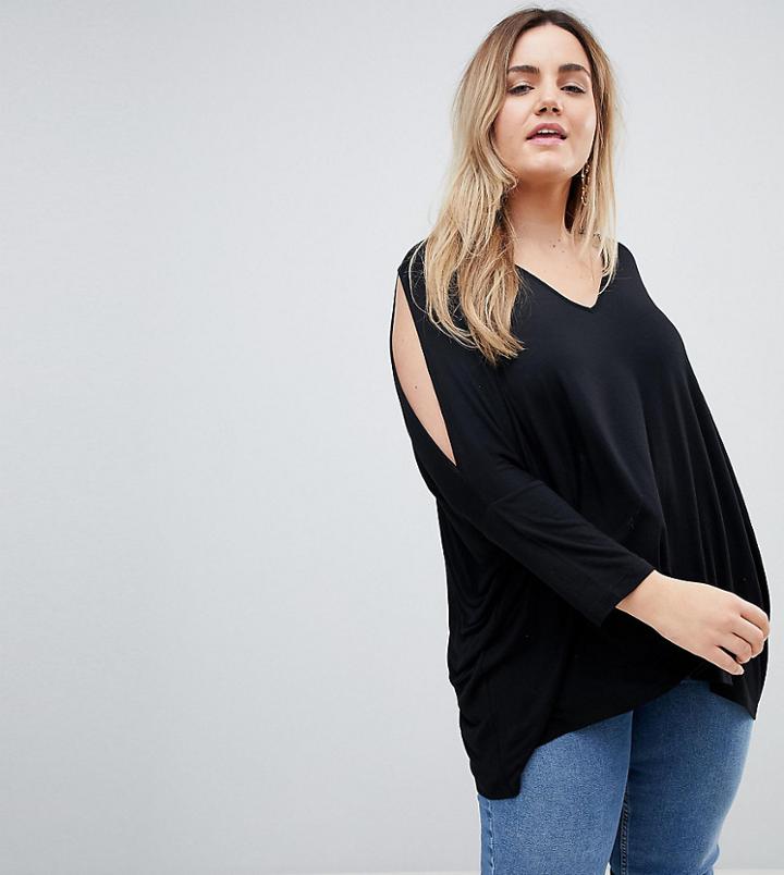 Asos Curve Oversized Cold Shoulder Top With Asymmetric Hem - Black