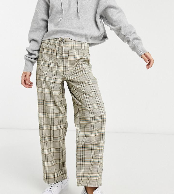 Asos Design Petite Straight Leg Zip Front Pants In Brown Check