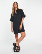 Topshop Plisse Mini Shirt Dress In Black