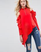 Asos Asymmetric Top With Cold Shoulder And Ring Pull - Red