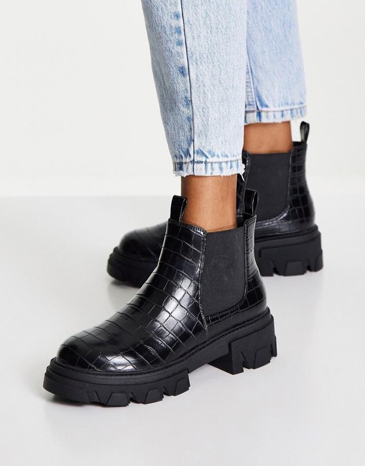 London Rebel Chunky Chelsea Boots In Black Croc