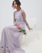 Asos Design Bridesmaid Dobby Mesh And Lace Mix Long Sleeve Maxi Dress - Purple
