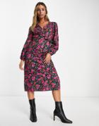 Vila Midi Wrap Dress In Pink Floral Print-multi