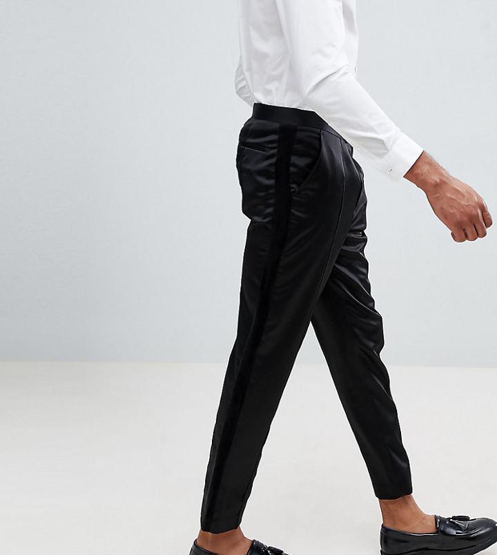 Asos Design Tall Tapered Smart Pants In Black Satin With Velvet Side Stripe - Black