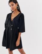 Asos Design V Front V Back Casual Smock Mini Dress With Buttons-black