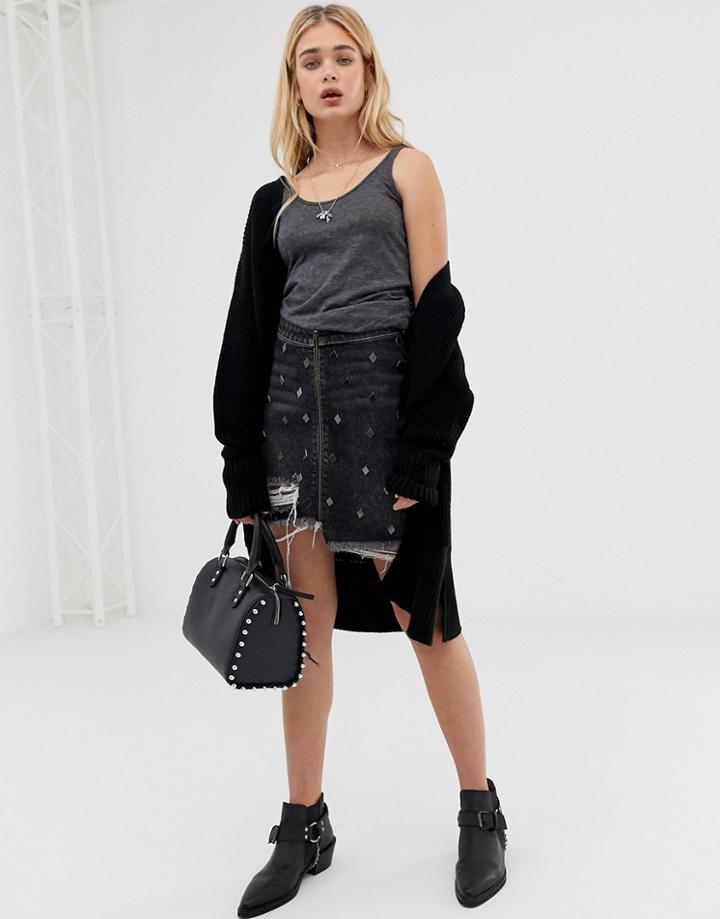 One Teaspoon Denim Skirt With Stud And Rip Detail - Black