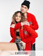 Reclaimed Vintage Inspired Unisex Knit Cardigan With Badge Logo In Red
