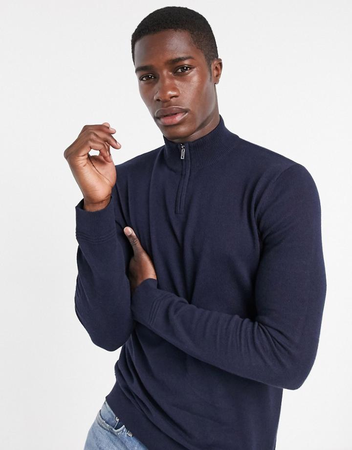 Topman Knitted Half Zip Turtleneck Sweater In Navy