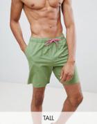 Asos Design Tall Swim Shorts In Khaki With Neon Pink Drawcord Mid Length - Green