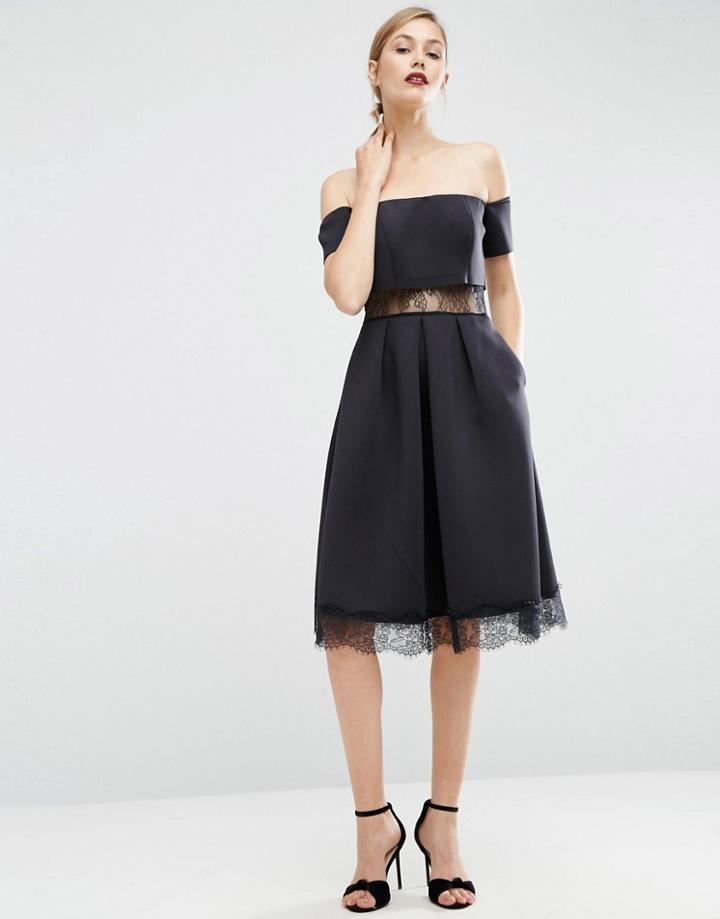 Asos Premium Bonded Scuba Off The Shoulder Lace Insert Midi Dress - Bl