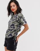 Asos Design Cropped Boxy T-shirt With Ruched Side In Camo Print-multi