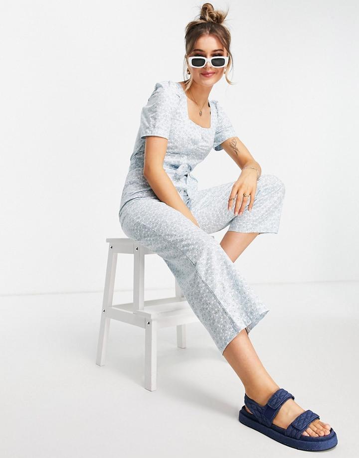 Monki Wanda Jumpsuit With Square Neck In Blue Floral Print-blues