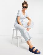 Monki Wanda Jumpsuit With Square Neck In Blue Floral Print-blues