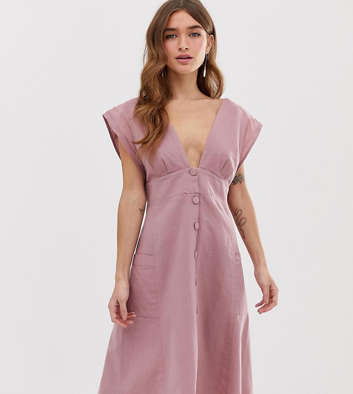 Asos Design Petite Button Through Open Back Midi Dress With Pockets-pink