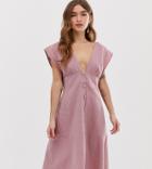 Asos Design Petite Button Through Open Back Midi Dress With Pockets-pink