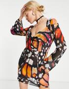Asos Design Chiffon Mini Dress With Open Back In Oversized Butterfly Print-multi