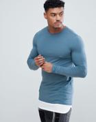 Asos Design Longline Long Sleeve Muscle Fit T-shirt With Contrast Hem Extender In Blue - Gray