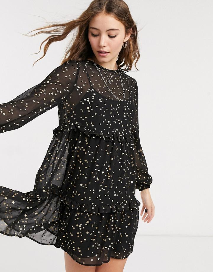 Asos Design Tiered Mini Smock Dress In Black Metallic Star