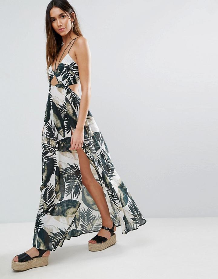 Asos Beach Maxi Dress With Strap Detail In Mono Palm Print - Multi
