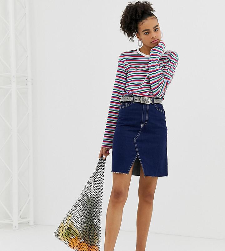 Monki Organic Denim Skirt With Frayed Edge In Blue - Blue