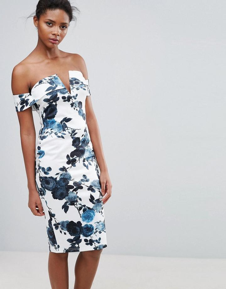 Parisian Off Shoulder Floral Pencil Dress - White