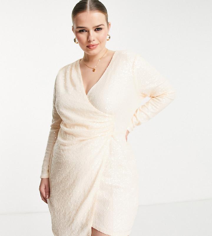 In The Style Plus Exclusive Sequin Drape Detail Asymmetric Mini Dress In Ecru-white