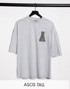 Asos Actual Tall Oversized T-shirt In Gray With Corduroy Applique Logo-grey
