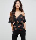 Fashion Union Petite Floral Print Cold Shoulder Cami Wrap Top In Country Rose Print-black
