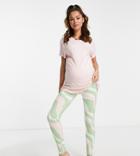 Asos Design Maternity Lounge Super Soft Tee & Swirl Leggings Set In Pink, Green & White-multi
