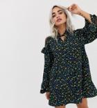 Collusion Petite Lace Insert Smock Dress In Ditsy Floral - Multi