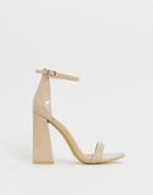 Prettylittlething Nude Patent High Block Heel Strappy Sandal - Pink