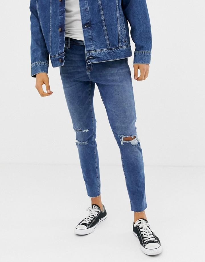 Bershka Join Life Slim Fit Jeans In Mid Blue - Blue