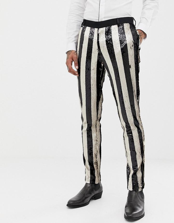 Asos Edition Skinny Tuxedo Suit Pants In Black And Cream Sequin Stripe - Black