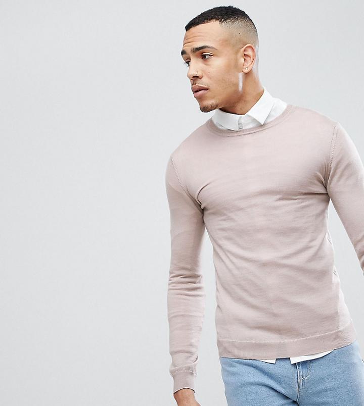 Asos Tall Muscle Fit Merino Wool Sweater In Oatmeal-beige
