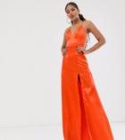 Club L London Tall Satin Plunge Front Maxi Dress With High Thigh Split In Orange