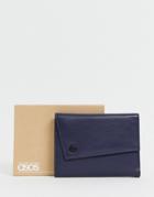 Asos Design Leather Asymestric Wallet In Navy - Navy