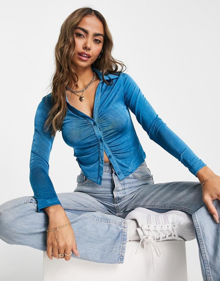 Stradivarius Slinky Shirt With Gathered Detail In Pop Blue