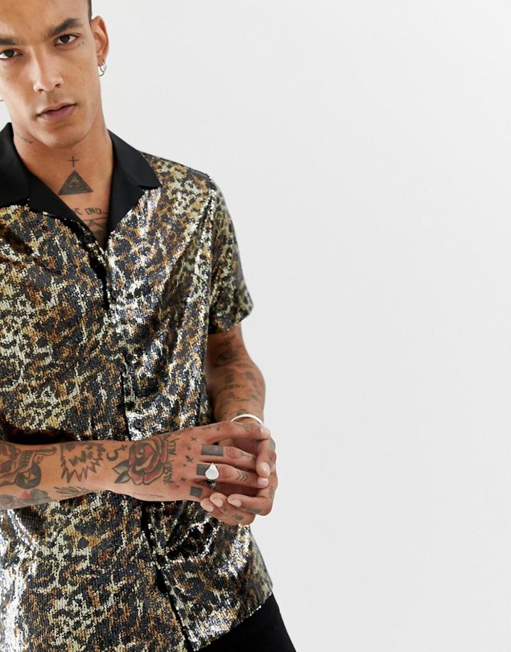 Asos Design Party Regular Fit Leopard Print Sequin Shirt With Revere Collar - Black