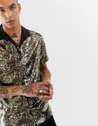 Asos Design Party Regular Fit Leopard Print Sequin Shirt With Revere Collar - Black