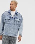 Bershka Overhead Denim Jacket With Front Pockets In Washed Blue - Blue