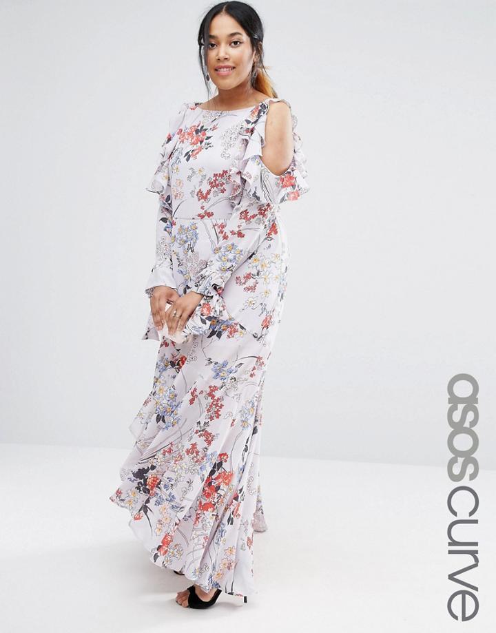 Asos Curve Tie Long Sleeve Maxi Dress In Gray Floral - Gray