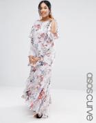 Asos Curve Tie Long Sleeve Maxi Dress In Gray Floral - Gray