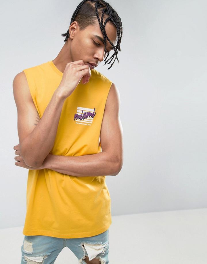 Asos Longline Sleeveless T-shirt With Dropped Armhole And Miami Chest Print - Yellow